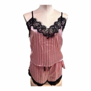 ⭐️10 / $10 ⭐️VS INSPIRED preloved Pink Striped Lace Trim Cami PJ Set